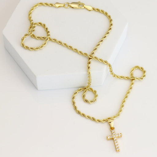 Rope chain with small diamond studded cross charm