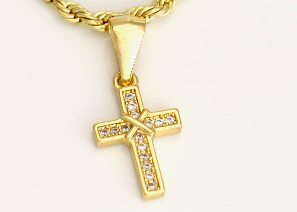 Rope chain with small diamond tied cross charm