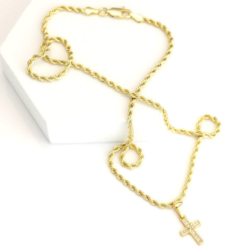 Rope chain with small diamond tied cross charm