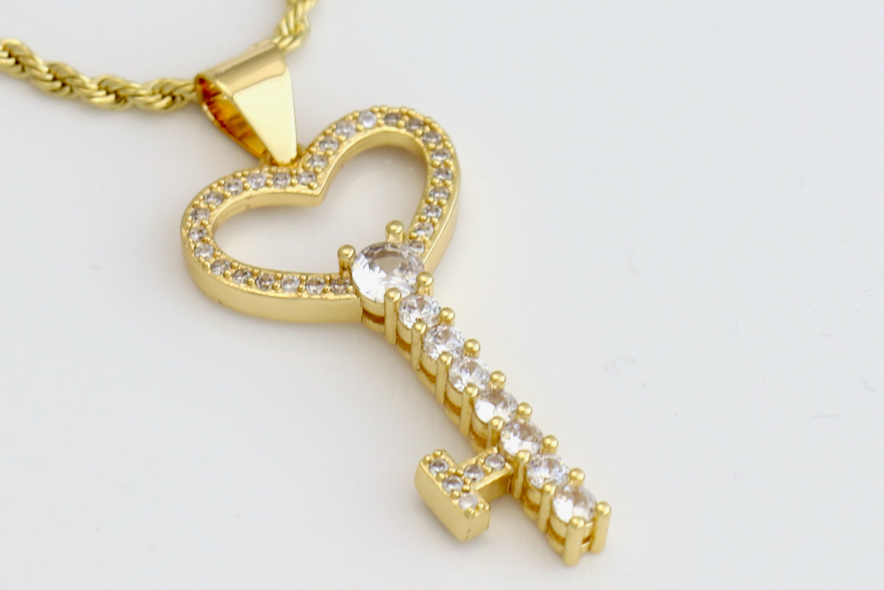 14k gold plated rope chain with diamond key charm