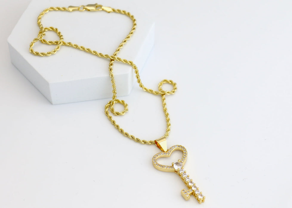 14k gold plated rope chain with diamond key charm