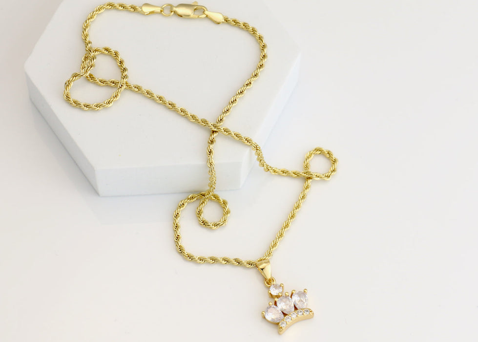 14k gold plated rope chain with diamond crown charm