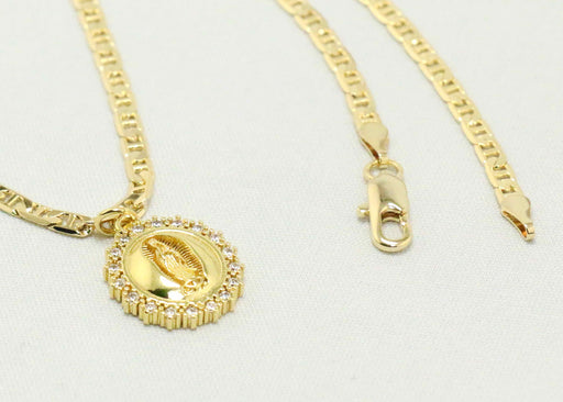 14k gold plated mariner chain with round diamond saint mary charm