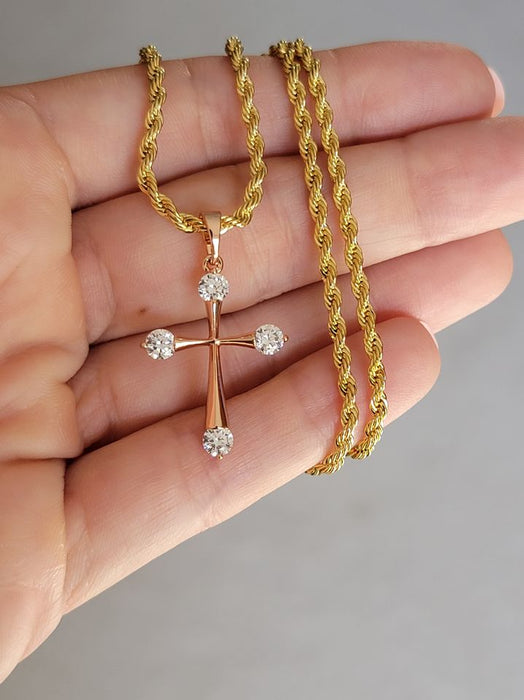 14k    gold plated Cross Necklace with Diamond Studded End Cross Charm Valentine Gift for Women & Men, 14 Karat  gold plated Chain Cross Pendent by Aria Jeweler