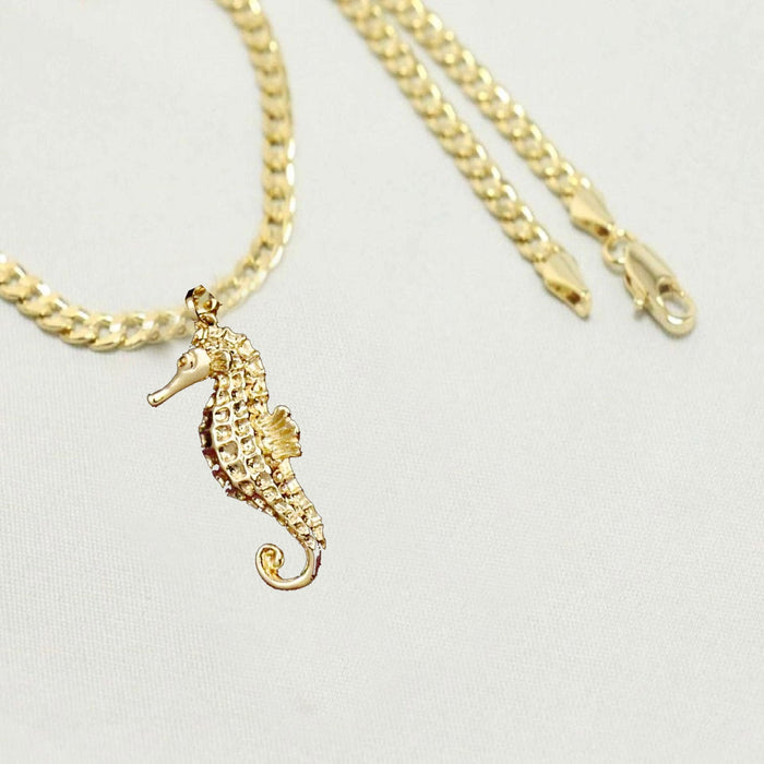 14k Gold Necklace with Gold Seahorse Charm, Unisex Gift for Women & Men, 14 Karat Gold Cuban Chain by Aria jeweler
