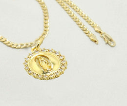 14k    gold plated Necklace with Diamond Saint Mary Sun Charm Easter Gift for Women & Men, 14 Karat  gold plated Cuban Necklace by Aria jeweler