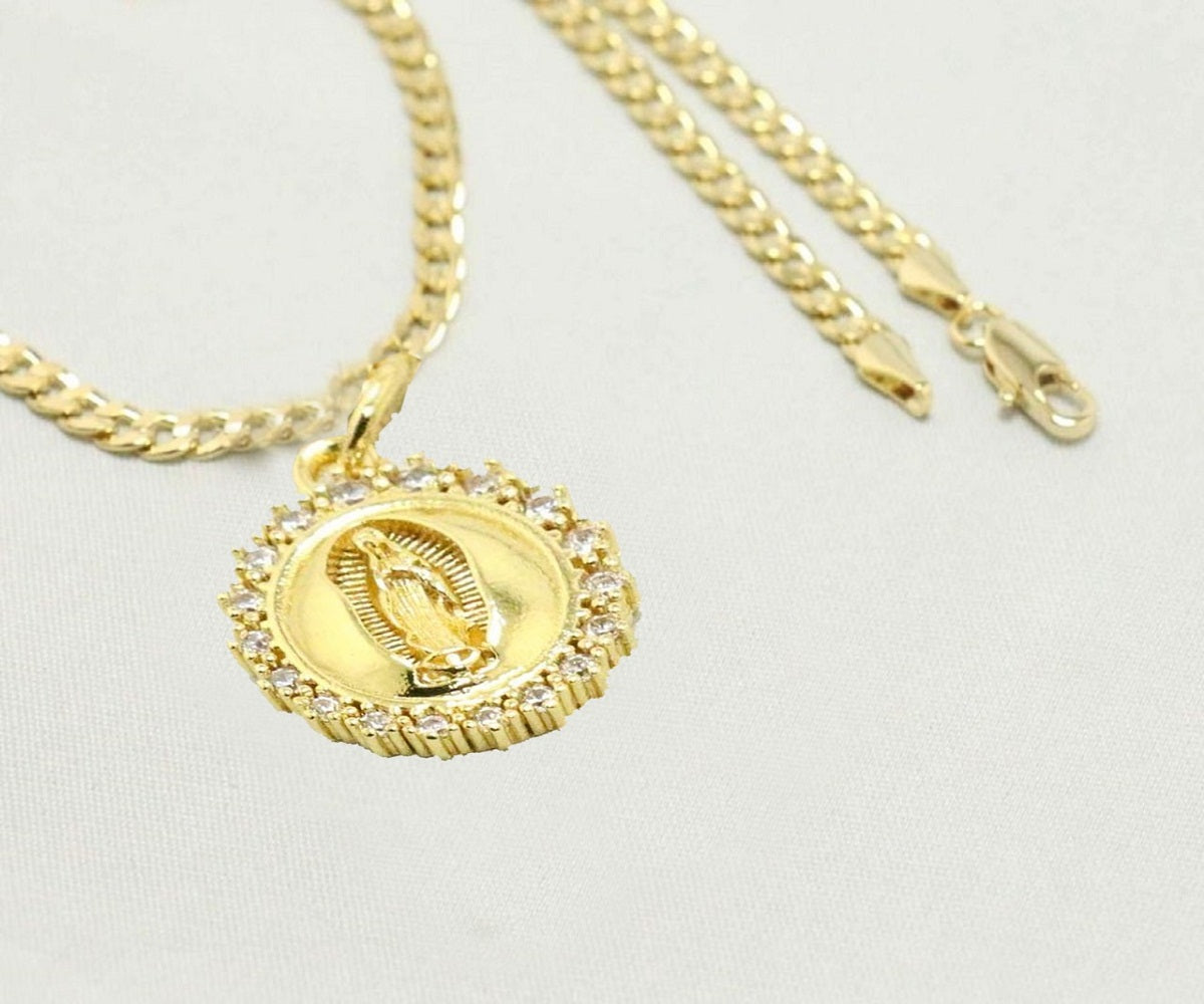 14k    gold plated Necklace with Diamond Saint Mary Sun Charm Easter Gift for Women & Men, 14 Karat  gold plated Cuban Necklace by Aria jeweler