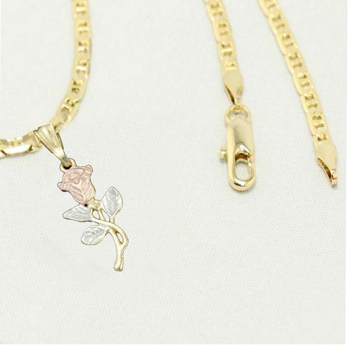 14k Gold Necklace with White Rose and Flower Charm Easter Gift for Women & Men, 14 Karat Gold Mariner Necklace with Rose Gold Pendant by Aria jeweler