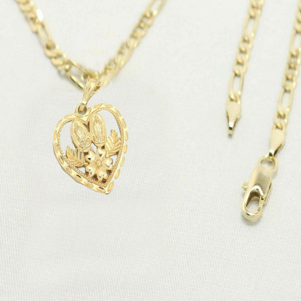 14k    gold plated Necklace with Cut Diamond Saint Heart Charm Valentine Gift for Women & Men, 14 Karat  gold plated Figaro Necklace by Aria jeweler