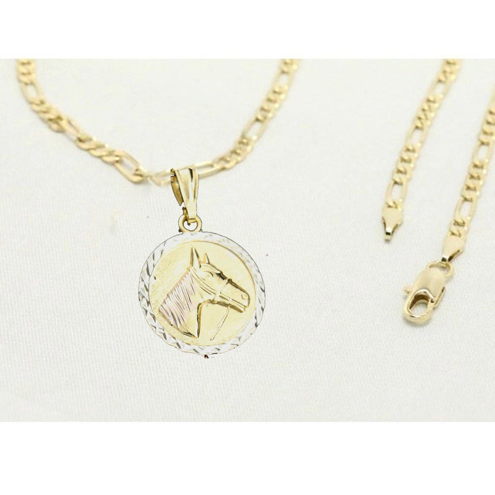 14k Vermeil Gold Necklace with Gold Circle Horse Pendent, Unisex Gift for Women & Men, 14 Karat Gold Figaro Necklace by Aria jeweler