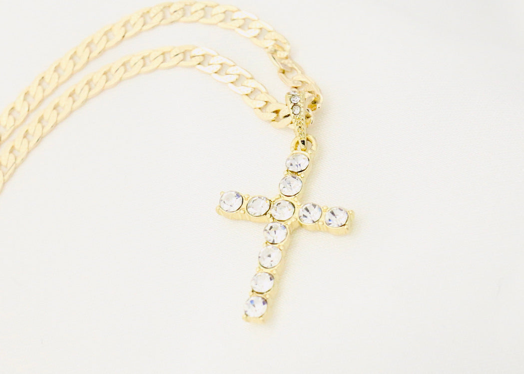 14k  gold plated Chain with Cut Cuban Diamond Studded cross Valentine Day Gift for Women & Men,  gold plated Chain Necklace by Aria Jeweler