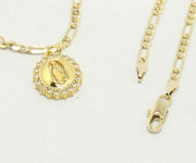 14k    gold plated Necklace with Diamond Saint Mary Sun Charm Easter Gift for Women & Men, 14 Karat  gold plated Figaro Necklace by Aria jeweler