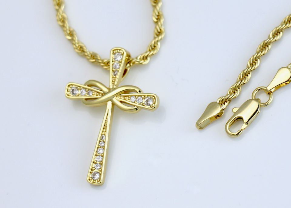 14k gold plated Cross Necklace with Diamond Medium Looped Cross, Best Gift for Women & Men, 14 Karat  gold plated Chain with Diamond Cross Pendent by Aria Jeweler