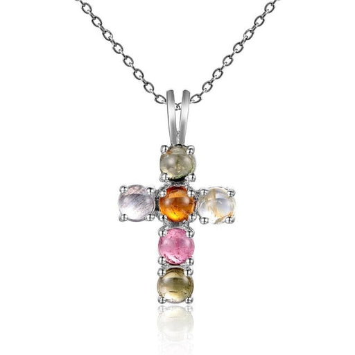 Multicolored Gemstone Cross on Sterling Silver Necklace